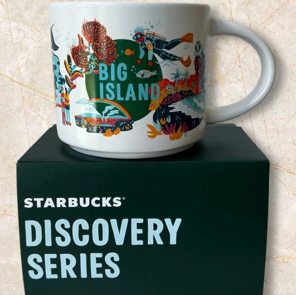 Starbucks Big Island White Mug with Green, Teal, Orange & Yellow  Brand New